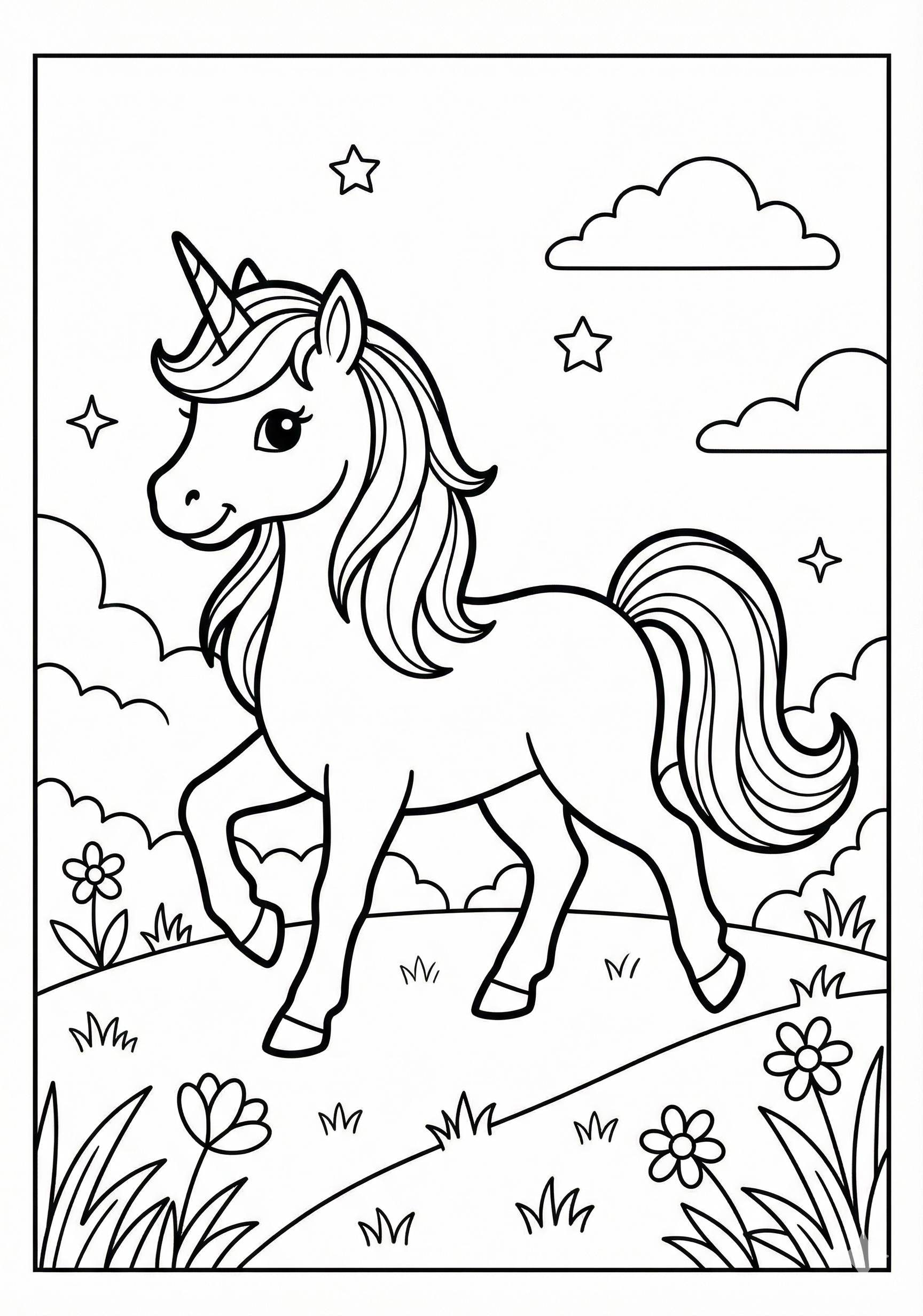 Unicorn walking on gentle hill unicorn coloring page for kids age 6-8