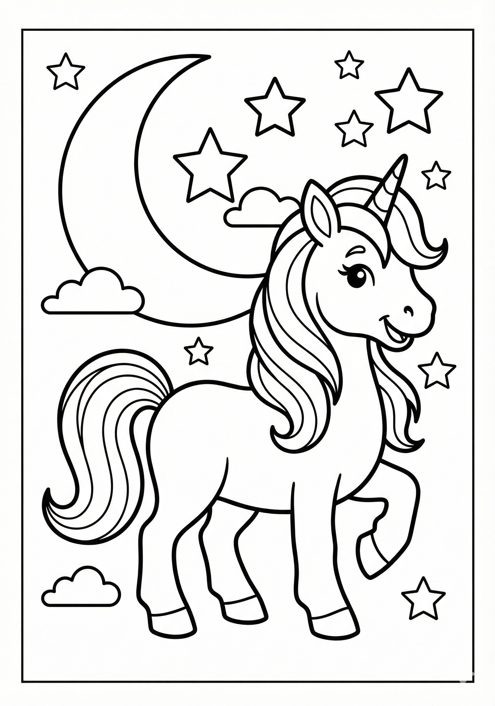 Unicorn with moon and stars unicorn coloring page for kids age 6-8