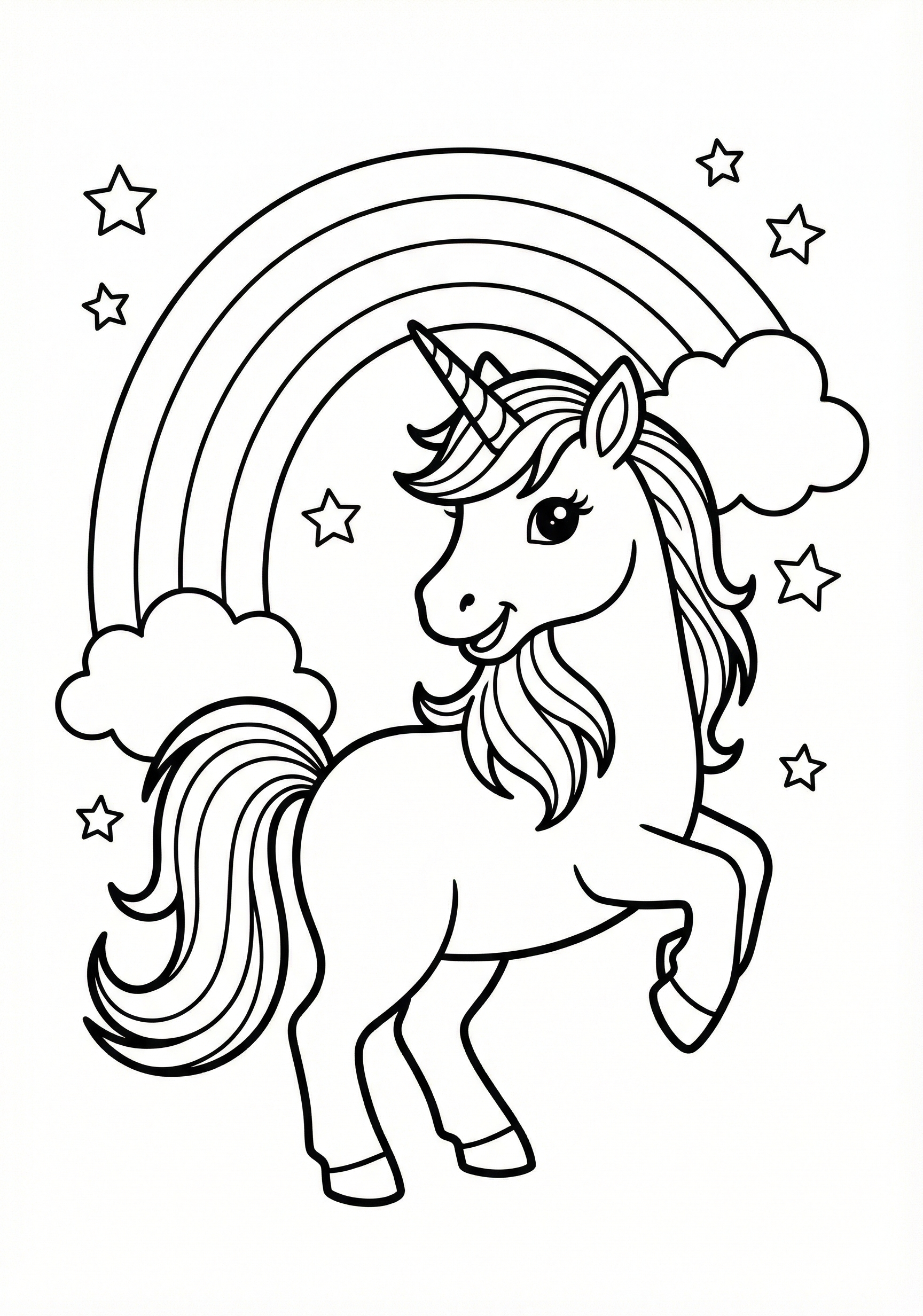 Unicorn with simple rainbow outline unicorn coloring page for kids age 6-8