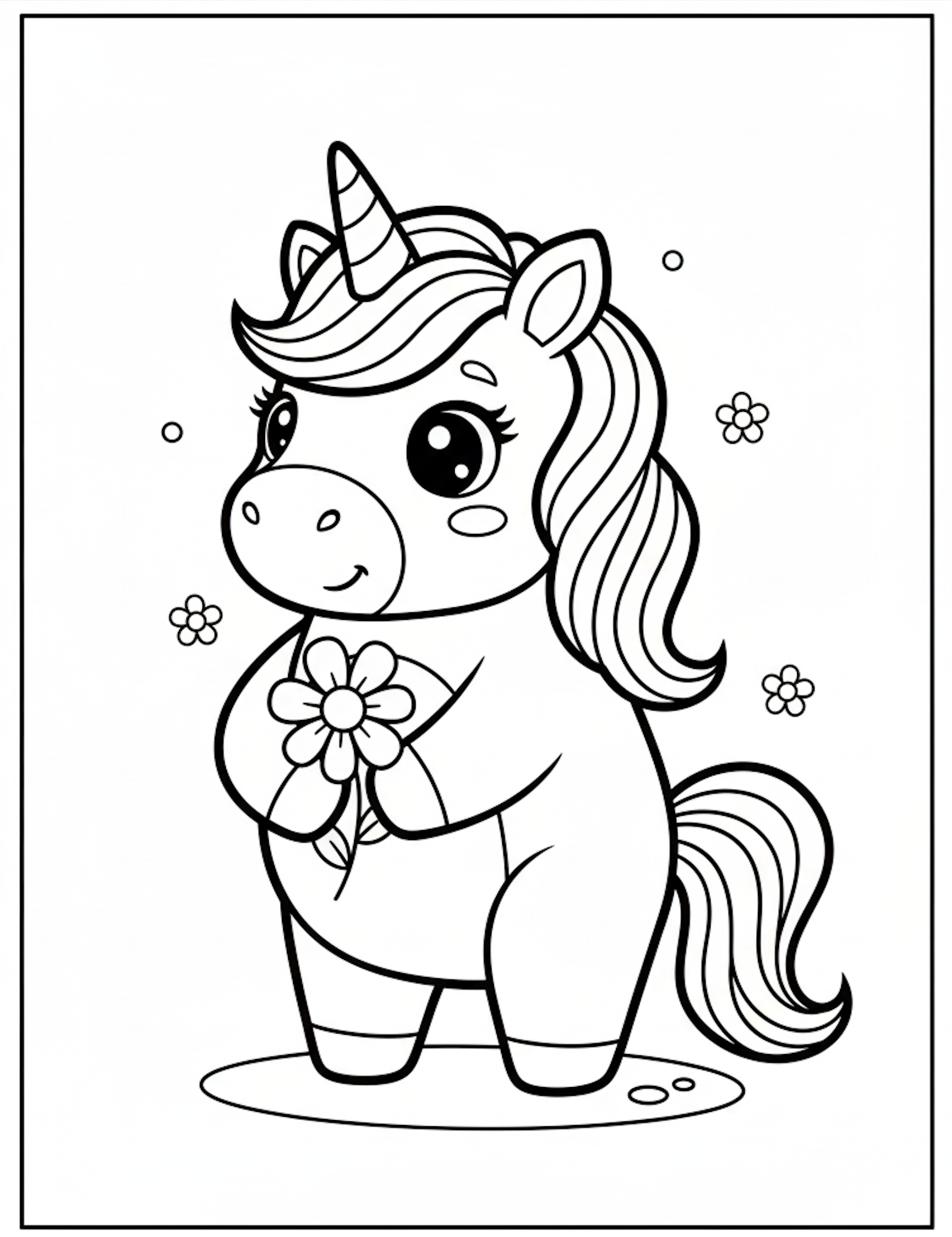 Unicorn with small flower coloring page for kids age 3-5, minimal background