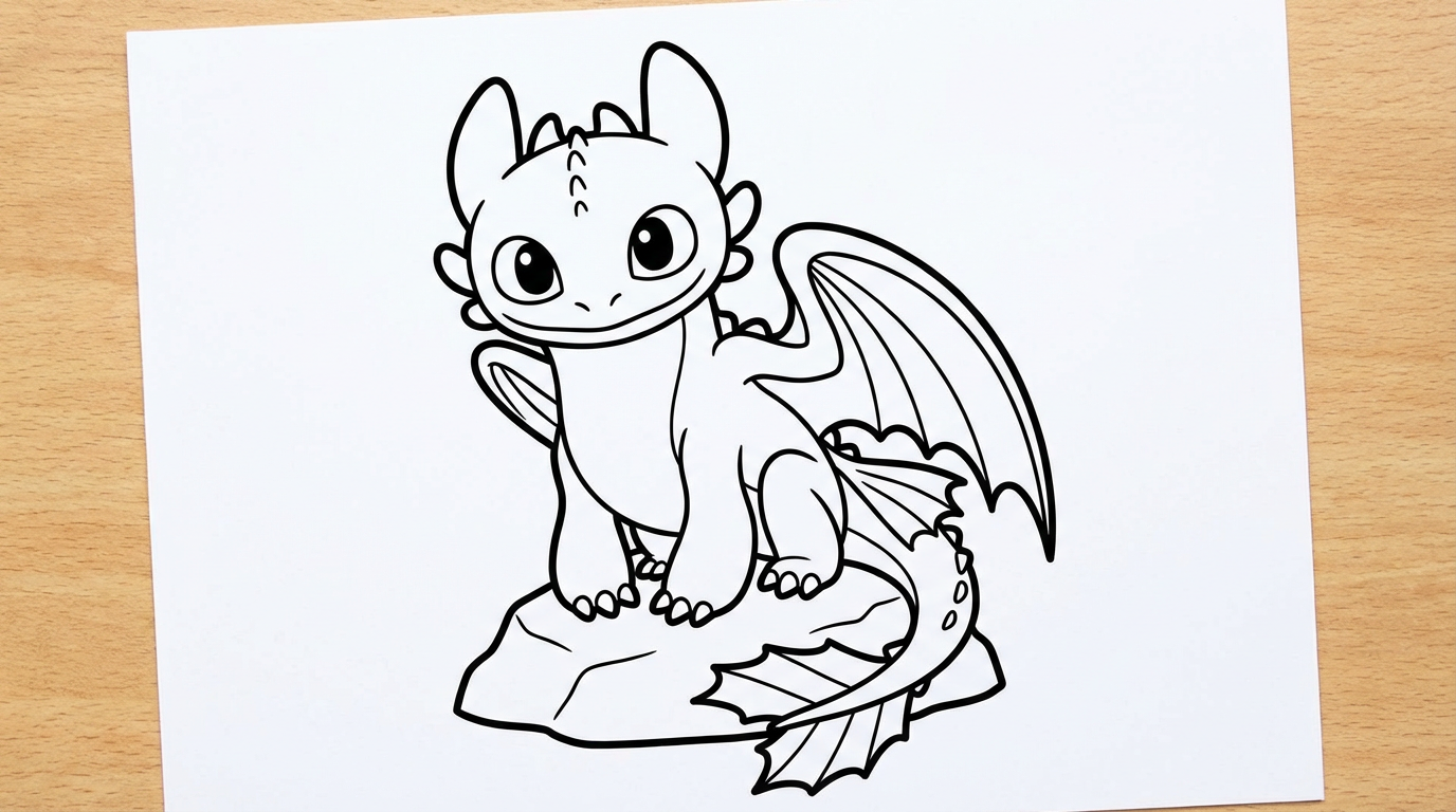 Friendly Night Fury dragon (Toothless style) — free printable How to Train Your Dragon coloring pages for kids.
