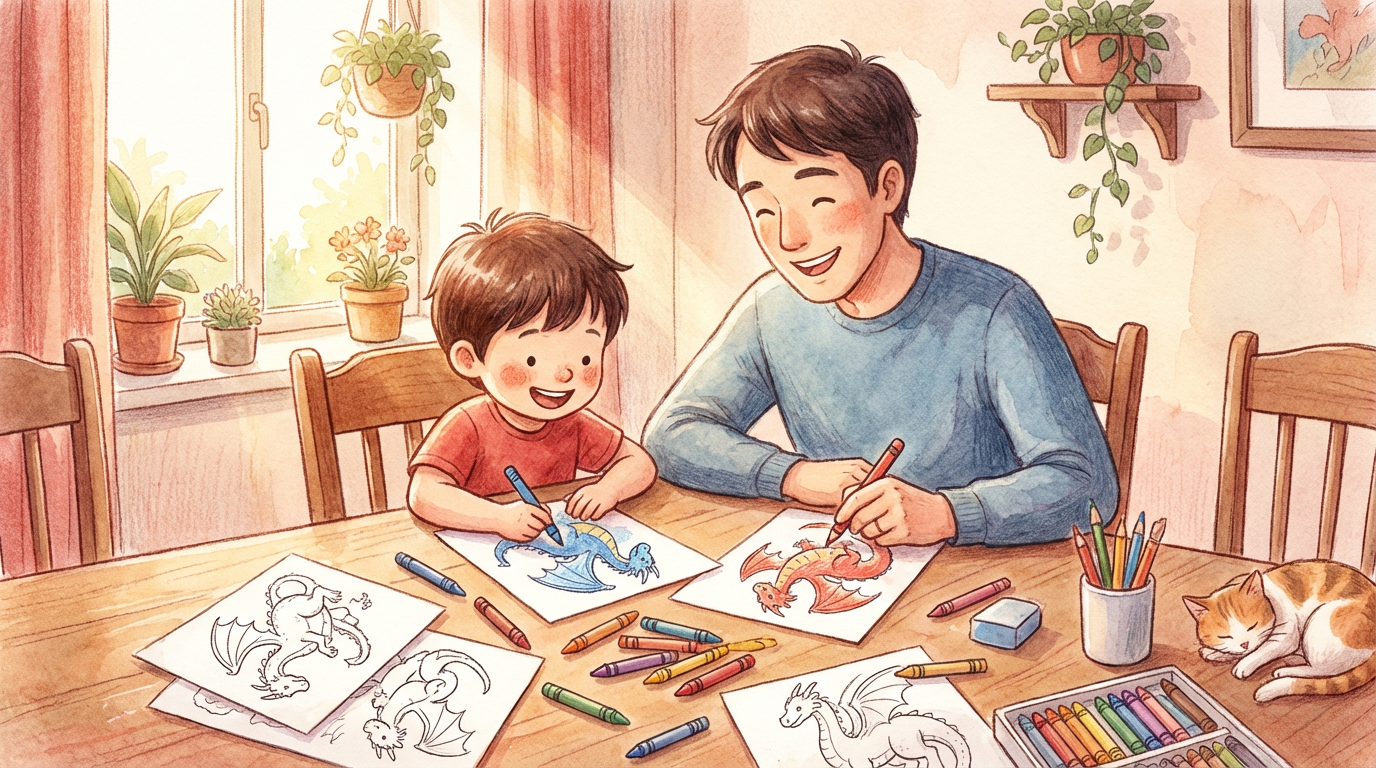 Family coloring together with dragon coloring sheets and crayons — tips for coloring with kids.