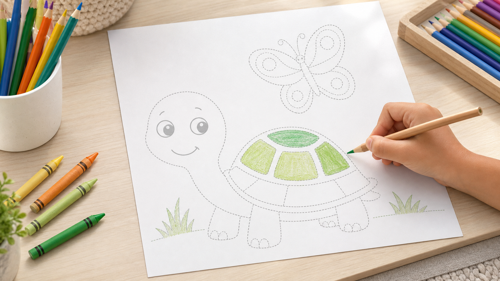 Trace and color worksheet with light-gray turtle and butterfly tracing lines, colored pencils, and crayons.