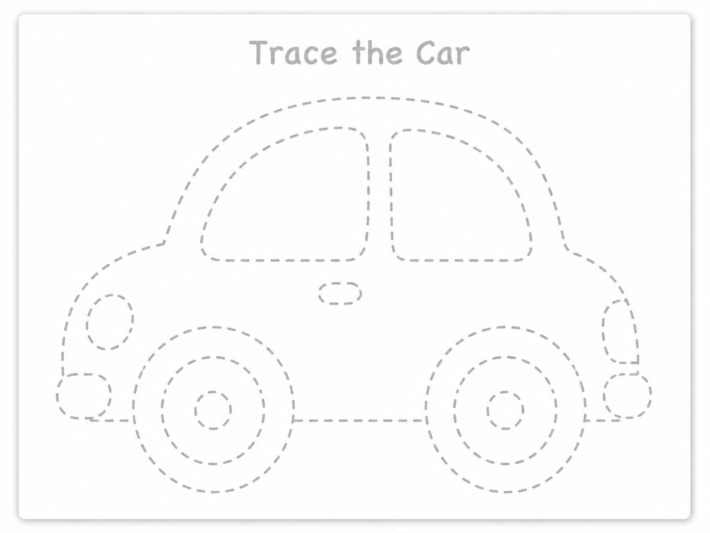 Car Tracing Worksheet preview with light gray tracing guide lines