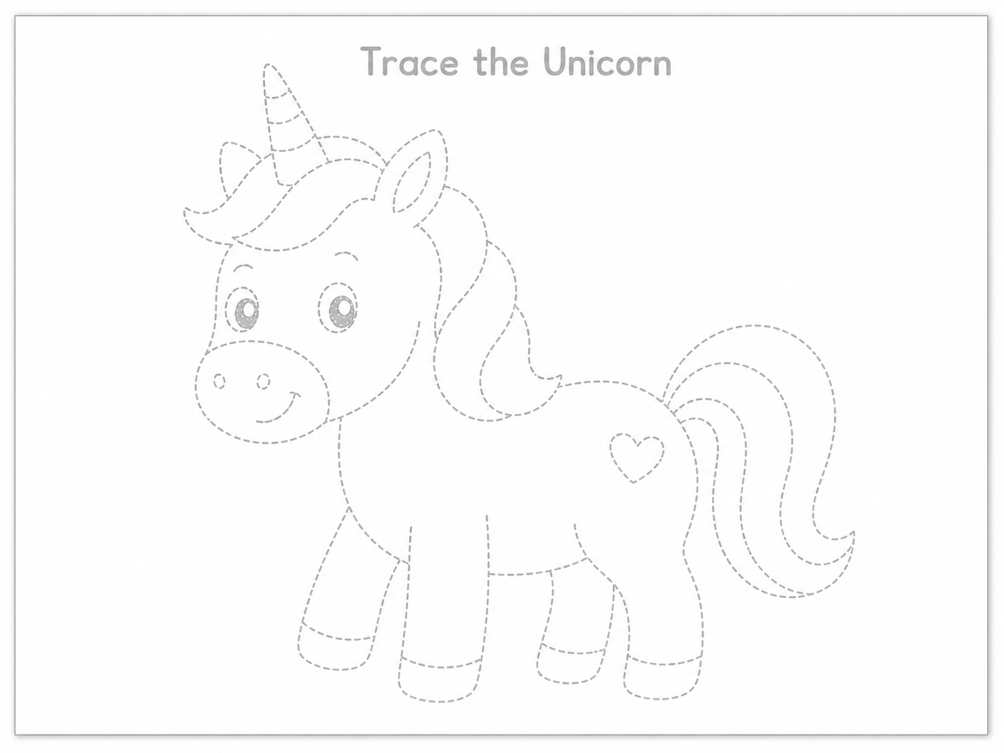 Unicorn Tracing Worksheet preview with light gray tracing guide lines